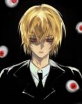  1boy black_background blonde_hair commentary disembodied_eye earrings highres hunter_x_hunter jewelry kurapika looking_at_viewer necktie portrait red_eyes single_earring solo suit txasttszu 