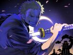  1boy clenched_teeth commentary falling_petals green_hair highres holding holding_sword holding_weapon japanese_clothes kimono looking_ahead male_focus moon mrjieshisu one_eye_closed one_piece petals roronoa_zoro scar scar_across_eye scar_on_face sheath short_hair sideburns smile solo sword teeth unsheathing upper_body v-shaped_eyebrows weapon 