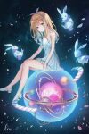  1girl absurdres blonde_hair blue_bow blue_eyes bow dress floating flower glowing highres lime_namu long_hair original rabbit solo space 