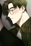  2boys bangs black-framed_eyewear blush brown_hair cheongsae flannel glasses green_eyes highres jin_cheong-woo korean_commentary looking_at_another male_focus matthew_raynor multiple_boys parted_bangs shirt short_hair solo_focus under_the_greenlight white_shirt yaoi 