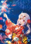  1girl :d aerial_fireworks arm_up bangs commentary_request fangs fireworks flower grey_hair hair_between_eyes hair_flower hair_ornament holding_fireworks hololive horns japanese_clothes kimono long_hair long_sleeves looking_at_viewer low_twintails multicolored_hair nakiri_ayame night night_sky obi oni oni_horns outdoors red_eyes red_flower red_hair red_kimono sash say_hana senkou_hanabi sky smile solo sparkler streaked_hair twintails very_long_hair virtual_youtuber wide_sleeves yukata 