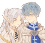  1boy 1girl artist_name blue_eyes blue_hair capelet cloak earrings elf frieren hashtag-only_commentary highres himmel_(sousou_no_frieren) jewelry looking_at_another pointy_ears smile sousou_no_frieren teardrop_earrings twintails txasttszu white_background white_capelet white_hair 