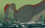 2026 animal_genitalia butt cloaca digital_drawing_(artwork) digital_media_(artwork) dilophosaurid dilophosaurus dinosaur female feral flamespitter genitals green_body looking_at_viewer partially_submerged prehistoric_species pupils rear_view reptile saurischian scalie shaded slit_pupils solo standing tail theropod tongue water wet wet_body