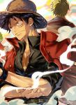  3boys back belt black_hair black_shirt blonde_hair cigarette closed_mouth coat commentary green_hair hat high_collar highres looking_ahead male_focus monkey_d._luffy mrjieshisu multiple_boys one_piece red_coat roronoa_zoro sanji_(one_piece) scar scar_on_chest scar_on_face shirt signature smoke straw_hat symbol-only_commentary 