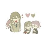  1girl 1other chibi closed_eyes commentary crona_(soul_eater) face-to-face flying_sweatdrops green_necktie happy heart hiding hiding_behind_another looking_to_the_side maka_albarn necktie plaid_clothes plaid_skirt shy single_tear skirt soul_eater twintails txasttszu white_background 