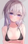  1girl arm_grab bangs bare_shoulders bikini black_bikini blush breasts closed_mouth collarbone commentary grey_background grey_hair hair_between_eyes highres long_hair looking_at_viewer medium_breasts original purple_eyes sirotuki_ito solo sweat swimsuit symbol-only_commentary upper_body 