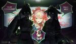  3girls @_@ absurdres arknights backlighting commentary cowboy_shot english_text flashlight gameplay_mechanics giving_up_the_ghost glitch hair_ornament hairpin haruka_(arknights) haruka_(casual)_(arknights) hashtag-only_commentary highres horns hoshiguma_(arknights) hoshiguma_the_breacher_(arknights) jacket japanese_clothes kimono long_hair looking_at_viewer mio_(arknights) multiple_girls open_mouth pink_eyes pointy_ears red_hair single_horn szztzzs upper_body 