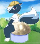  animal_crossing anthro black_body black_fur clothed clothing cloud cloudscape diaper diaper_fetish diaper_mess feces fur grass hat head_tuft headgear headwear hi_res kicks_(animal_crossing) law_azure looking_at_viewer male mammal mephitid messing_diaper messy_diaper nintendo plant pooping potty potty_training public public_diaper_use raised_tail red_eyes shirt shrub sitting skunk sky smile smiling_at_viewer soiled_diaper soiling soiling_diaper solo tail toilet topwear tuft wearing_diaper white_body white_clothing white_fur white_shirt white_topwear yellow_diaper 