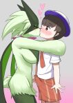  anthro big_breasts blush breasts brown_eyes clothed clothing duo erection eyes_closed female generation_9_pokemon green_body hi_res human male male/female mammal meowscarada nintendo pokemon pokemon_(species) 