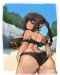  1girl adjusting_clothes adjusting_swimsuit ass beach bikini black_bikini black_hair blush breasts commission dark-skinned_female dark_skin final_fantasy final_fantasy_xiv from_behind green_eyes highres huge_breasts ichika_(ichika_manga) kana_(kanafel) lalafell long_hair long_pointy_ears looking_back original pointy_ears ponytail shortstack sideboob skeb_commission solo swimsuit wet 