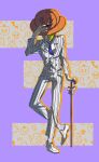  1boy blonde_hair blue_necktie cane facial_hair full_body goatee hashtag-only_commentary hat hat_over_eyes highres holding holding_cane male_focus mrjieshisu mustache necktie one_piece pumpkin_hat purple_background sanji_(one_piece) shirt shoes short_hair smile socks solo vertical-striped_suit white_shirt white_shoes 