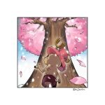  1boy antlers back border cherry_blossoms commentary falling_petals hat highres horns male_focus mrjieshisu one_piece outdoors petals pink_hat reindeer_antlers shorts solo symbol-only_commentary tony_tony_chopper twitter_username white_border 