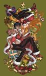  2girls :p absurdres black_hair blue_eyes blunt_bangs boots commentary cross-laced_clothes cross-laced_top fingerless_gloves full_body gift gloves green_background hashtag-only_commentary heart highres looking_at_viewer midriff mrjieshisu multiple_girls nami_(one_piece) navel nico_robin one_eye_closed one_piece orange_eyes orange_hair pantyhose red_boots red_gloves smile symbol-only_commentary tongue tongue_out twitter_username upside-down 