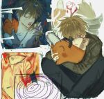  1boy animal blonde_hair blood burger chainsaw_man commentary denji_(chainsaw_man) eyeball eyepatch food highres holding holding_animal image_warping looking_to_the_side multiple_views pochita_(chainsaw_man) sharp_teeth swirl teeth txasttszu 