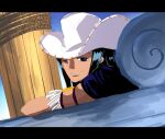  1girl armlet black_hair blue_eyes chinese_commentary commentary_request cowboy_hat hat highres jewelry letterboxed long_hair looking_at_viewer mrjieshisu nico_robin one_piece outdoors smile solo white_hat 