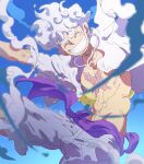  1boy ^_^ alternate_form arms_up blue_sky closed_eyes gear_fifth highres male_focus monkey_d._luffy mrjieshisu one_piece purple_sash sash scar scar_on_chest scar_on_face shirt shorts sky smile solo thick_eyebrows twitter_username white_hair white_shirt white_shorts 