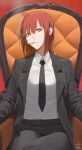  1girl absurdres armchair bangs black_jacket black_necktie black_pants braid braided_ponytail chainsaw_man chair chanism! cigarette collared_shirt crossed_legs formal hair_between_eyes head_tilt highres jacket looking_to_the_side makima_(chainsaw_man) necktie pants red_background red_hair ringed_eyes shirt sidelocks signature sitting smoke smoking solo suit suit_jacket white_shirt yellow_eyes 