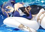  1girl bare_shoulders blue_hair commentary genshin_impact hood layla_(genshin_impact) long_hair looking_at_viewer pantyhose solo thighlet thighs water white_pantyhose yellow_eyes zenzai_tarou 