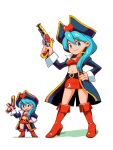  aqua_hair blue_eyes boots breasts coat gun hand_on_hip hat heart highres holding holding_gun holding_weapon long_hair long_sleeves miniskirt multiple_views navel open_clothes open_coat original pirate_hat pixel_art pixelflag red_footwear red_skirt simple_background skirt small_breasts weapon white_background 