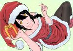  1girl absurdres alternate_costume bare_shoulders belt black_belt black_hair black_pantyhose boots box braid breasts chainsaw_man christmas cleavage collarbone commentary dotted_background double-parted_bangs dress english_commentary finger_heart foot_out_of_frame from_above fujimoto_tatsuki_(style) fur-trimmed_boots fur-trimmed_dress fur-trimmed_headwear fur_trim gift gift_box green_background hair_between_eyes hair_over_shoulder hat highres holding holding_box holding_gift jegaltong legs_together long_bangs long_hair long_hair_between_eyes looking_at_viewer medium_breasts nayuta_(chainsaw_man) off-shoulder_dress off_shoulder official_style orange_eyes pantyhose pom_pom_(clothes) red_boots red_dress red_hat santa_costume santa_dress santa_hat short_dress simple_background single_braid sitting solo three-quarter_sleeves twisted_torso 