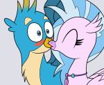  2019 avian beak blue_body blue_eyes blue_hair blush digital_drawing_(artwork) digital_media_(artwork) duo eagc7 european_mythology eyelashes female feral friendship_is_magic fur gallus_(mlp) greek_mythology gryphon hair hasbro hi_res hippogriff jewelry kiss_on_lips kissing male male/female multicolored_body my_little_pony mythological_avian mythology necklace pink_body shocked silverstream_(mlp) simple_background spread_wings surprise_kiss tan_body tan_fur two_tone_body wing_boner wings 