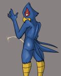  absurd_res anthro avian bird bodily_fluids butt falco_lombardi genital_fluids hi_res illegaleel implied_penis looking_back male nintendo nude peeing rear_view solo star_fox urine urine_stream 