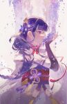  1girl absurdres blunt_bangs blurry braid breasts bridal_gauntlets chinese_commentary cleavage closed_mouth commentary_request commission depth_of_field falling_petals flower genshin_impact hair_ornament hair_over_shoulder highres japanese_clothes kimono large_breasts lofter_username long_braid neck_ribbon no_mole off_shoulder petals purple_background purple_eyes purple_hair purple_kimono raiden_shogun red_ribbon red_sash ribbon sash second-party_source single_braid solo standing upper_body wisteria wnmuwnmu 