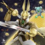  animal_humanoid anthro armor bandai_namco blonde_hair diarbbitmon digimon digimon_ghost_game duo ear_piercing ear_ring espimon flying fur goo_creature hair headgear helmet humanoid jet_pack lagomorph lagomorph_humanoid leporid_humanoid male mammal mammal_humanoid mariogagabriel melee_weapon piercing rabbit_humanoid rapier ring_piercing scut_tail short_tail sword tail tailed_humanoid weapon yellow_body yellow_fur 