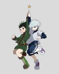  2boys black_hair blue_eyes blue_shirt blue_shorts blush brown_eyes gon_freecss green_footwear green_jacket green_shorts grey_background high_five highres hunter_x_hunter jacket kasukasugom1 killua_zoldyck layered_sleeves long_sleeves looking_at_another male_child multiple_boys open_mouth shirt short_hair short_over_long_sleeves short_sleeves shorts simple_background smile spiked_hair star_(symbol) white_hair white_shirt 