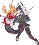  2girls absurdres animal_ears bangs black_hair blonde_hair blunt_bangs cape closed_mouth dress flower fox_ears fox_girl gloves green_eyes hair_flower hair_ornament highres holding holding_weapon katana kitsunegasaki_tametsugu_(tenka_hyakken) long_hair miyabi_(tenka_hyakken) multiple_girls pink_scarf red_footwear scarf short_sword sword tamon_ketsuyuki tantou tenka_hyakken twintails weapon white_dress white_gloves 