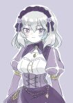  1girl arms_at_sides artist_name assault_lily blush breasts cleavage closed_mouth commentary cross-laced_clothes cross-laced_dress dress flower frilled_dress frills fumi_(fumifumi3axl) grey_background grey_hair hair_between_eyes hair_flower hair_ornament hair_ribbon hata_matsuri highres jewelry juliet_sleeves long_sleeves looking_at_viewer maid maid_headdress medium_breasts medium_hair official_alternate_costume outline pendant puffy_sleeves purple_dress purple_eyes purple_flower purple_ribbon purple_rose ribbon rose simple_background smile solo standing untranslatable_commentary upper_body white_outline 