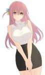  1girl black_skirt blue_eyes bocchi_the_rock! breasts closed_mouth commentary_request cowboy_shot cube_hair_ornament furrowed_brow gotoh_hitori hair_ornament highres himahari_neru large_breasts long_hair looking_at_viewer pencil_skirt pink_hair shirt shirt_tucked_in simple_background skirt sleeveless sleeveless_shirt solo standing turtleneck turtleneck_shirt white_background white_shirt 