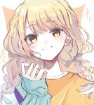  1girl absurdres black_ribbon blonde_hair blush braid braided_twintails closed_mouth commentary_request fujita_kotone gakuen_idolmaster green_jacket hair_ribbon hand_up highres idolmaster jacket kiysar long_hair looking_at_viewer low_twintails orange_background ribbon shirt single_off_shoulder sleeves_past_wrists smile solo t-shirt twintails upper_body white_background yellow_eyes yellow_shirt 