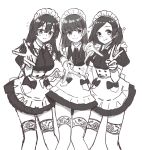  3girls alternate_costume apron blush collared_shirt commentary_request dress enmaided frilled_apron frills full_body greyscale hayashio_(kancolle) highres kantai_collection kuroshio_(kancolle) long_hair maid maid_headdress mary_janes monochrome motizou multiple_girls oyashio_(kancolle) shirt shoes short_hair simple_background thighhighs v 