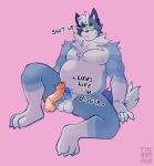  absurd_res anthro balls big_balls blue_penis canid canine chest_tuft comparing fluffy fluffy_tail flustered fox genitals hi_res humiliation male mammal pecs penis penis_humiliation size_difference slightly_chubby small_penis small_penis_humiliation solo tail teasing theslutyfox tuft white_eyes yellow_sclera 
