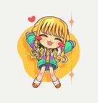  1girl arms_up blonde_hair blush_stickers chibi chibi_only closed_eyes fujita_kotone full_body gakuen_idolmaster green_jacket heart highres idolmaster jacket miniskirt nasi_(na_si) open_clothes open_jacket open_mouth plaid_clothes plaid_skirt skirt smile solo standing 