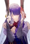  1girl artist_name bird_boy breasts bridal_gauntlets chinese_commentary chiyo_(genshin_impact) cleavage closed_eyes closed_mouth collarbone commentary_request duplicate fingerless_gloves flower fox_girl genshin_impact gloves hair_ornament highres holding_hands japanese_clothes kimono kitsune_saiguu large_breasts lofter_username long_hair mole mole_under_eye obi obiage out_of_frame pixel-perfect_duplicate purple_eyes purple_hair purple_nails raiden_shogun ribbon rokuon sasayuri_(genshin_impact) sash simple_background solo_focus tassel twitter_username white_background wide_sleeves 