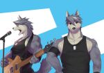  1boy animal_ears armband bara biceps black_tank_top closed_mouth collarbone commentary_request dog_boy dog_ears dog_tags dog_tail electric_guitar furry furry_male grey_fur grey_hair guitar hand_on_own_hip highres holding holding_guitar holding_instrument holding_plectrum instrument jewelry kouya_aotsuki looking_at_viewer looking_to_the_side male_focus microphone microphone_stand morenatsu multiple_views muscular muscular_male music necklace open_mouth pectorals playing_instrument plectrum rotton99 singing smile tail tank_top wristband 