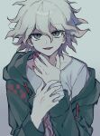  1boy asymmetrical_nails bandaged_wrist bandages commentary danganronpa_(series) danganronpa_2:_goodbye_despair drawstring gradient_background green_eyes grey_background hand_on_own_neck hand_on_own_wrist highres hood hood_down hoodie komaeda_nagito looking_at_viewer medium_hair nekojiri open_clothes open_hoodie red_hoodie red_nails shirt single_off_shoulder smile solo untranslatable_commentary upper_body white_hair white_shirt 
