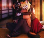  anthro bottomwear buster_davison canid canine canis clothing domestic_dog duo ember_(heroofmobius) embrace female fox german_shepherd herding_dog hi_res hug hugging_from_behind kneeling love male male/female mammal pastoral_dog pawpads red_bottomwear red_clothing red_skirt romantic romantic_ambiance romantic_couple rrrs sitting sitting_on_ground skirt sunset 