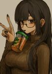  1girl black_hair black_nails breasts brown_eyes brown_sweater bubble_tea_challenge commentary_request cup disposable_cup drink drinking drinking_straw drinking_straw_in_mouth ear_piercing food_on_body food_on_breasts glasses grey_background hand_up highres impossible_clothes impossible_sweater large_breasts long_hair mole mole_under_eye nail_polish object_on_breast original piercing simple_background solo sweater upper_body v yuuri_(0914yuuri_k) 