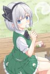  1girl black_bow black_bowtie black_hairband blue_eyes blush bow bowtie commentary_request dango eating feet_out_of_frame food frilled_skirt frills from_above from_side grass green_skirt green_vest greyscale hairband highres konbu_(user_maeh3528) konpaku_youmu konpaku_youmu_(ghost) looking_at_viewer monochrome outdoors shirt short_hair sidelocks skirt solo touhou turning_head vest wagashi white_shirt 