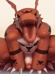  amber_eyes anthro bandai_namco big_penis big_tongue black_markings bodily_fluids claws crouching digimon digimon_(species) drooling erection genitals glistening glistening_body glistening_skin guilmon hands_on_floor head_tilt hi_res katabreak looking_at_viewer male markings muscular muscular_male open_mouth penis red_body red_skin saliva slightly_chubby smile solo tongue tongue_out white_body white_skin 