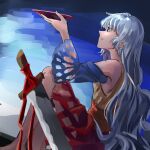  1girl black_background blue_background blue_sleeves cleaver clothing_cutout commentary_request cup detached_sleeves dress from_side highres indis knife long_hair long_sleeves mountain multicolored_dress orange_dress parted_lips planted planted_knife red_dress red_eyes red_ribbon ribbon sakata_nemuno sakazuki simple_background sitting solo touhou white_background white_hair wide_sleeves yellow_dress 