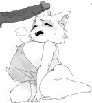 anthro big_breasts biped blush bodily_fluids bottomless breasts clothed clothing duo erection eyelashes eyes_closed female fingers genital_fluids genitals glans hi_res humanoid_genitalia humanoid_penis inner_ear_fluff kneeling league_of_legends male meckmeck00124 monochrome open_mouth penis precum riot_games skimpy sweat teemo_(lol) tencent tongue topwear tuft yordle