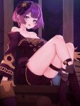  1girl bernadetta_von_varley bike_shorts blush boots breasts cleavage fire_emblem fire_emblem:_three_houses gbbgb321 gloves hair_ribbon highres knees_up looking_at_viewer medium_breasts night open_mouth purple_eyes purple_hair ribbon short_shorts shorts sitting solo thighhighs thighs 