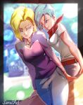  2girls absurdres android_18 artist_name bandana belt blonde_hair blue_eyes blue_hair blurry breasts bulma chromatic_aberration commentary denim dragon_ball dragon_ball_super dutch_angle earrings english_commentary highres jeans jewelry log medium_breasts multiple_girls necklace one_eye_closed pants red_bandana sarulart short_hair sitting smile 