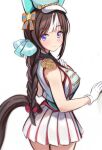  1girl animal_ears blush bow braid breasts brown_hair closed_mouth commentary_request ear_bow ear_covers epaulettes gloves hat hokko_tarumae_(umamusume) horse_ears horse_girl horse_tail jacket large_breasts long_braid long_hair looking_at_viewer marching_band multicolored_hair nannacy7 pleated_skirt purple_eyes shirt simple_background skirt sleeveless sleeveless_shirt smile solo striped_bow striped_hair tail umamusume white_gloves white_hair white_shirt white_skirt 