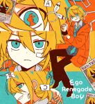  1boy 1girl aqua_eyes aqua_necktie arusechika black_pants black_shoes blonde_hair bow bow_hairband closed_mouth commentary_request cuffs ego_renegade_boy_(vocaloid) eye_reflection grin hairband hand_mirror handcuffs highres jacket kagamine_len kagamine_rin low_ponytail mirror necktie orange_jacket pants ponytail reflection shoes smile unworn_hairband vocaloid wanted_poster white_bow 