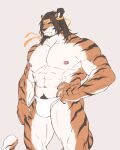  1boy abs absurdres arknights bara furry furry_male hands_on_hips headband highres huai_tianpei_(arknights) long_hair looking_at_viewer male_focus male_underwear pectorals shensedexiao_(49809635) simple_background tiger_boy topless_male underwear 